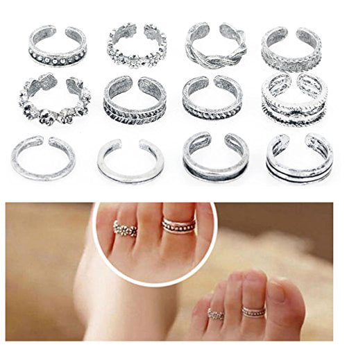 Bingirl 12pcs Celebrity Fashion Retro Silver Carved Flower Adjustable Open Toe Ring Finger Foot Jewelry